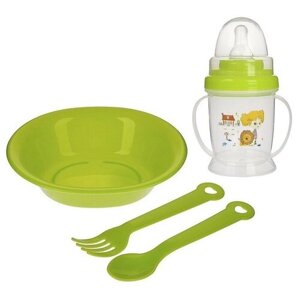 Набор детской посуды, 4 предмета: миска, ложка, вилка, бутылочка 200 мл, цвета микс