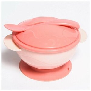 Набор детской посуды: миска на присоске с крышкой, ложка, 400 мл, цвет розовый