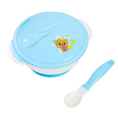 Набор детской посуды Mum&Baby "Счастливый малыш", 3 предмета: тарелка на присоске, крышка, ложка, цвет голубой от компании М.Видео - фото 1