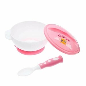 Набор детской посуды, тарелка на присоске 350 мл, крышка, ложка, цвет розовый с белым