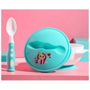 Набор детской посуды «Зайчик», 3 предмета: тарелка на присоске, крышка, ложка, цвет бирюзовый