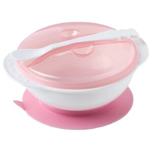 Набор для кормления, 3 предмета: миска на присоске 400 мл, крышка, ложка, цвет присоски розовый, цвет крышки СЮРПРИЗ