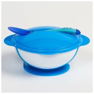 Набор для кормления: миска на присоске 340 мл, с крышкой, термоложка, цвет синий