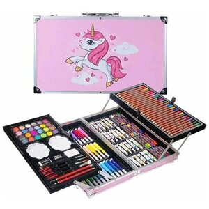 Набор для рисования Единорог в алюминиевом чемоданчике, 145 предметов, розовый