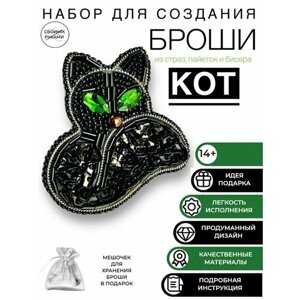 Набор для творчества создания, изготовления, вышивки броши из бисера чёрный кот