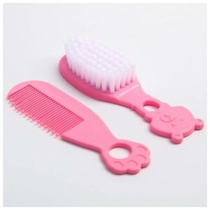Набор для ухода за волосами: расческа и щетка, «Мишка», цвет розовый. В наборе 1шт.