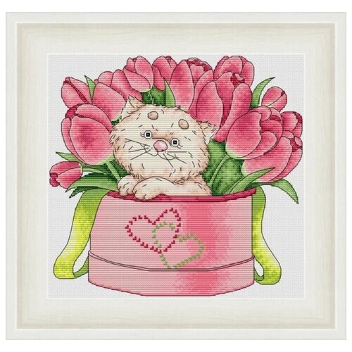 Набор для вышивания крестиком "Котик с тюльпанами" 24х23 см от компании М.Видео - фото 1