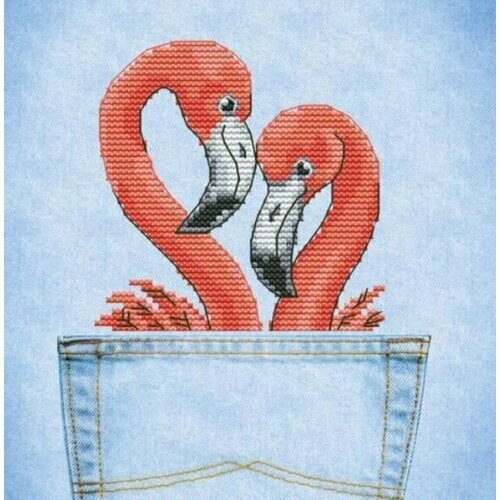 Набор для вышивания крестом Искусница Романтическая парочка фламинго, на водорастворимой канве, 9*9см от компании М.Видео - фото 1