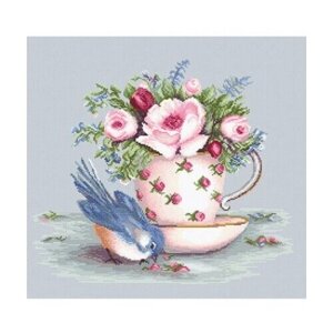 Набор для вышивания крестом Птичка и чашка чая LUCA-BA2324, 34.5x29.5 см см.