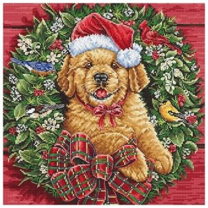 Набор для вышивания крестом Рождественский щенок LETI. L8053, 26x26 см. канва, мулине