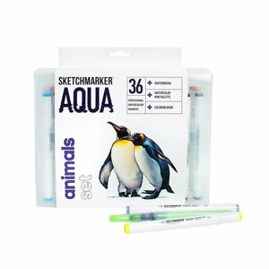 Набор двухсторонних акварельных маркеров Sketchmarker Aqua Animals 36 цветов в пластиковом кейсе-пенале