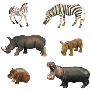 Набор фигурок животных серии "Мир диких животных"2 зебры, 2 бегемота, 2 носорога (набор из 6 фигурок)