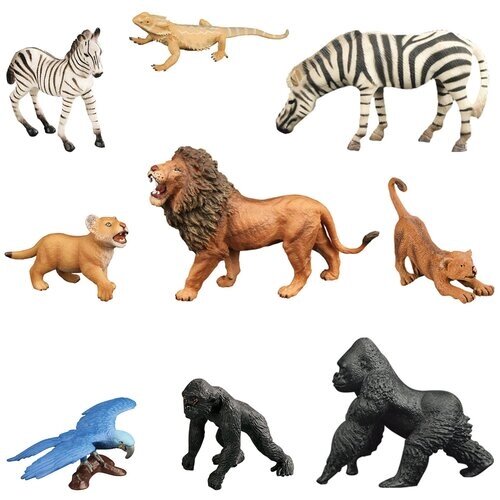 Набор фигурок животных серии "Мир диких животных": 2 зебры, 3 льва, попугай, варан, 2 гориллы (набор из 9 фигурок) от компании М.Видео - фото 1