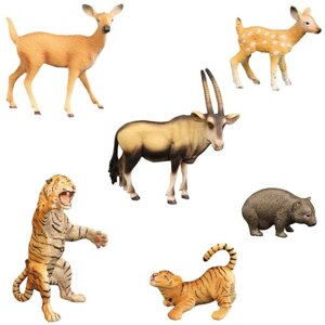 Набор фигурок животных серии "Мир диких животных"антилопа, вомбат, олениха с олененком, тигр с тигренком (набор из 6 фигурок)
