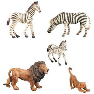 Набор фигурок животных серии "Мир диких животных"Семья львов и семья зебр (набор из 5 предметов)