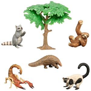 Набор фигурок животных серии "Мир диких животных"скорпион, обезьяна, ленивец, броненосец, енот (набор из 6 предметов)