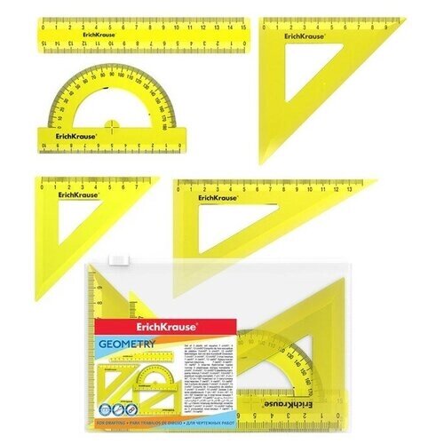 Набор геометрический малый ErichKrause Neon (угольник- 3 штуки, линейка - 15 см, транспортир), жёлтый от компании М.Видео - фото 1