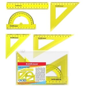 Набор геометрический малый ErichKrause Neon (угольник- 3 штуки, линейка - 15 см, транспортир), жёлтый