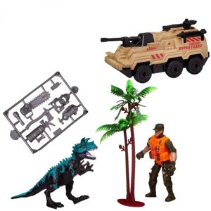 Набор игровой Мир динозавров (динозавр, боевая машина, фигурка человека, акссесуары), в коробке - Junfa Toys [WA-14254]