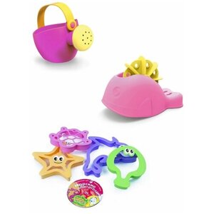 Набор игрушек для песочницы Мягкая лейка малая розовая + Мягкий кит с вертушкой розовый + Формочки Морские обитатели 4 шт. 2