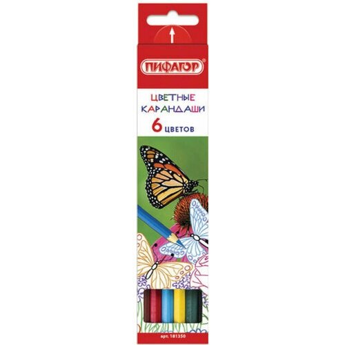 Набор карандашей Карандаши цветные пифагор "бабочки", 6 цветов, классические заточенные, 181350, 16 упаковок от компании М.Видео - фото 1
