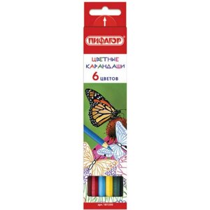 Набор карандашей Карандаши цветные пифагор "бабочки", 6 цветов, классические заточенные, 181350, 16 упаковок