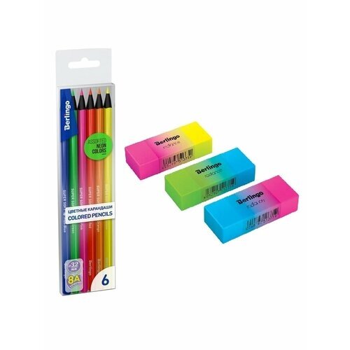 Набор карандаши цветные флуоресцентные 6 цветов и ластики 3 штуки от компании М.Видео - фото 1