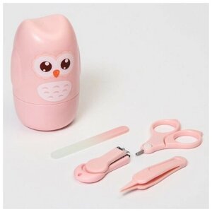 Набор маникюрный детский "Совушка"ножницы, щипчики, пилочка, пинцет, цвет розовый