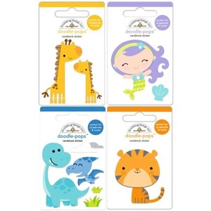 Набор Наклеек 3D, в наборе: жираф, тигр, русалочка, динозавр, высота 7 см, Doodlebug