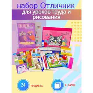 Набор "отличник" в папке А4 для уроков труда и рисования 24 предмета, девочке