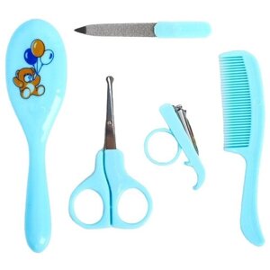 Набор по уходу за ребёнком, 5 предметов: щётка, расчёска, безопасные ножницы, пилочка и щипчики для ногтей, цвет голубой