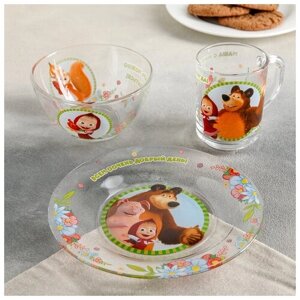 Набор посуды детский «Маша и Медведь. Добрый день», 3 предмета: кружка 250 мл, салатник d=13 см, тар