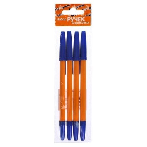 Набор ручек шариковых 4 штуки, стержень 0,7 мм, синий, корпус оранжевый с синим колпачком от компании М.Видео - фото 1
