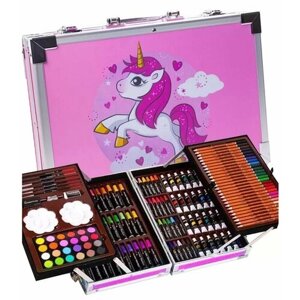 Набор юного художника для детского творчества из 145 предметов в кейсе розовый