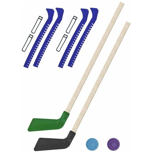 Набор зимний: 2 Клюшки хоккейных зелёная и чёрная 80 см.+2 шайбы + Чехлы для коньков черные - 2 шт. Винтер от компании М.Видео - фото 1