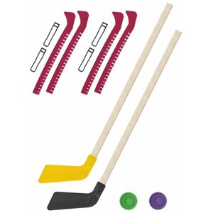 Набор зимний: 2 Клюшки хоккейных жёлтая и чёрная 80 см. 2 шайбы + Чехлы для коньков голубые - 2 шт. Винтер