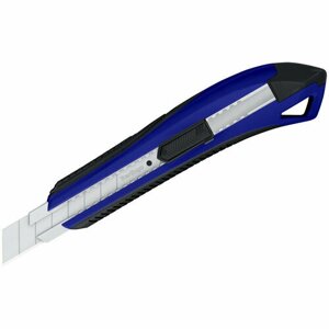 Нож канцелярский 18мм Berlingo "Razzor 300", auto-lock, металл. направл, мягкие вставки, синий, европодвес, 330399
