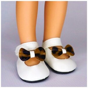 Обувь для кукол, Туфли 5 см с леопардовым бантиком для кукол Paola Reina 32 см, Berjuan 35 см, Vidal Rojas 35 см и др., белые