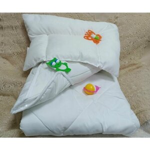 Одеяло детское, лебяжий пух 105х140 (300гр/м, ткань: микрофибра) + подушка, лебяжий пух 38x58, микрофибра, в подарок погремушка