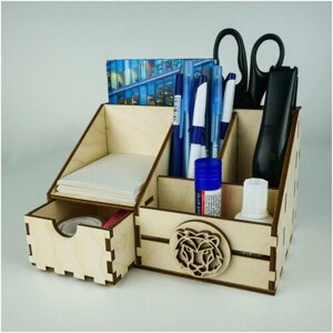 Органайзер PlainBox для канцелярии деревянный с ящиком