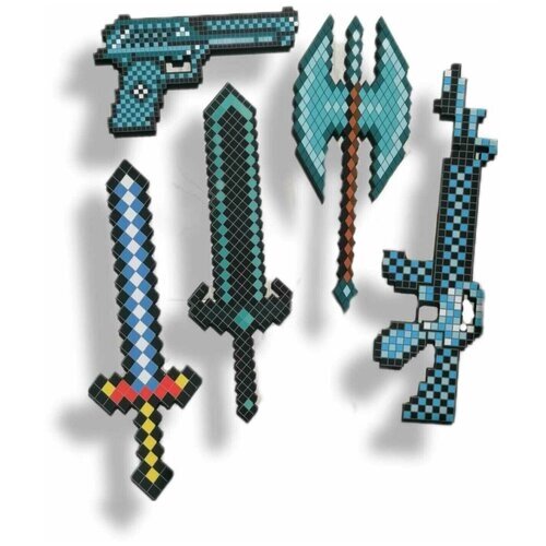 Оружие деревянное детское 5 предметов/ набор пиксельный голубой от компании М.Видео - фото 1