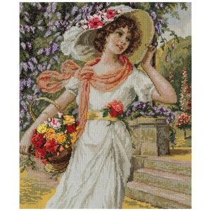 PANNA Набор для вышивания нитками и лентами Золотая серия Девушка с корзиной цветов 28.5 x 34 см (ВХ-1480)