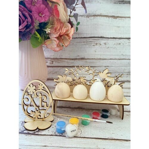 Пасхальная подставка для 8 яиц, яйцо из дерева для декора от компании М.Видео - фото 1