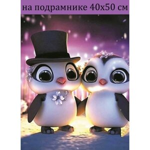 Алмазная живопись на подрамнике 40х50 Пингвины, Алмазная мозаика на подрамнике 50х40, алмазная вышивка набор с круглыми стразами, полная выкладка в Москве от компании М.Видео