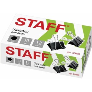 Зажимы для бумаг STAFF, комплект 12 шт., 19 мм, на 60 листов, черные, в картонной коробке, 224606 в Москве от компании М.Видео