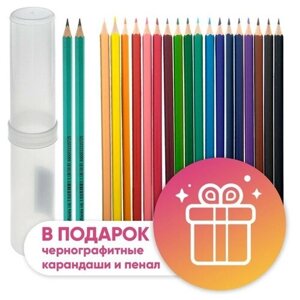 Карандаши 18 цветов Calligrata, эконом, заточенные, шестигранные, пластиковые, пенал-тубус и 2 чернографитных карандаша с ластиком в подарок в Москве от компании М.Видео