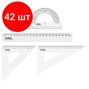 Комплект 42 шт, Набор чертежный СТАММ, размер M (линейка 20см, 2 треугольника, транспортир), прозрачный, бесцветный, европодвес в Москве от компании М.Видео