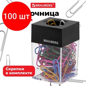 Комплект 100 шт, Скрепочница магнитная BRAUBERG со 100 цветными скрепками 28 мм, прозрачный корпус, 228401 в Москве от компании М.Видео