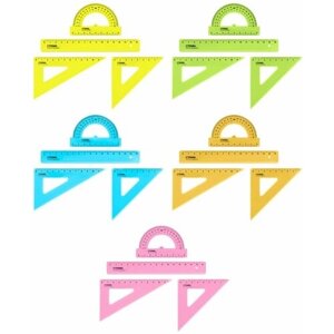 Набор чертежный СТАММ, размер S (линейка 16см, 2 треугольника, транспортир), прозрачный, неоновые цвета, ассорти, европодвес