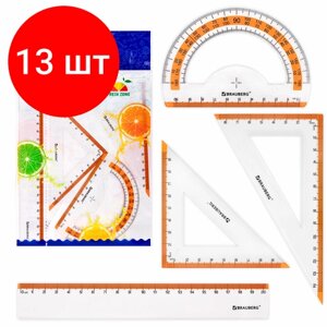 Комплект 13 шт, Набор чертежный средний BRAUBERG "FRESH ZONE" (линейка 20 см, 2 треугольника, транспортир), оранжевая шкала, 210763 в Москве от компании М.Видео